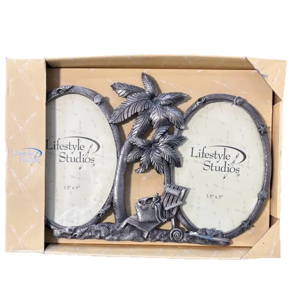 Nautical Beachy Tropical Coadtal Double Frame Pewter Dual Frame Palm Tree Shells